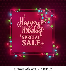 Template design square web banner for the New Year's sale. Invitation to a happy holiday with the decor of Christmas garlands. Christmas red poster for the invitation to the New Year party. Vector