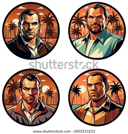 A template for the design of stickers, posters, clothes and souvenirs. A set of vintage retro pin-up logos featuring male gangsters. Vector illustration.