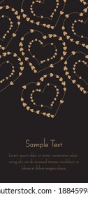 Template design with stylized gold hearts on threads in the shape of heart on dark background