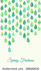 Template design with stylized spring leaves as droplets on threads