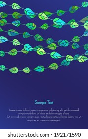 Template design with stylized spring leaves as droplets on threads