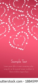 Template design with stylized white hearts on threads in the shape of heart on red gradient background