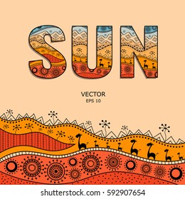 Template for design in the summer style. African traditional elements of ethnic patterns. Caption filled with ornaments. Vector illustration