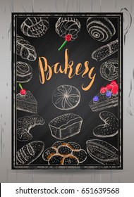 Template of design sweet-shop menu, bakery products on chalkboard background.Wood texture