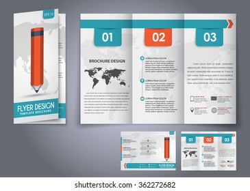 Template design three fold flyer, brochure with the world map in the background and a pencil. Corporate style for presentation, advertising and printing. Vector illustration.
