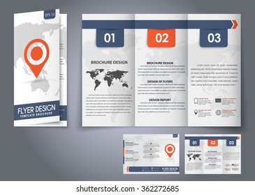 Template design three fold flyer, brochure with the world map in the background and a marker. Corporate style for presentation, advertising and printing. Vector illustration.