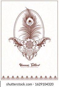 Template design with traditional indian henna tattoo with peacock feather. Template for wedding invitation, greeting card, banner, gift voucher, label. Vector illustration..