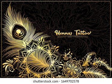 Template design with traditional indian henna tattoo with peacock feather. Template for wedding invitation, greeting card, banner, gift voucher, label. Vector illustration..