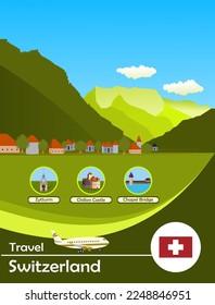 Template Design for Travel Vacation Tour Agency to Switzerland. Holiday tourism flyer or poster template design. Business Brochure, Template or Flyer design for Tour and Travel Business concept.