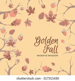 Template design with trees and autumn leaves. Can be used for covers, greeting cards, seasonal design. Based on hand drawn elements.