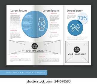 Template design of trifold brochure with circles. Editable and light vector with places for photos. Proportionally A4