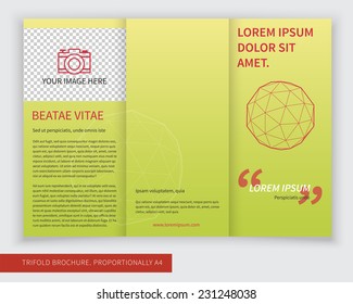 Template design of trifold brochure with polygons, polygonal sphere. Editable and bright vector with places for photos. Proportionally A4