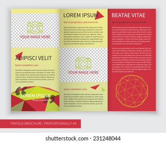 Template design of trifold brochure with polygons, polygonal sphere. Editable and bright vector with places for photos. Proportionally A4