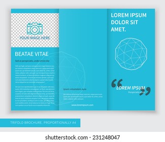 Template design of trifold brochure with polygons, polygonal sphere. Editable and bright vector with places for photos. Proportionally A4