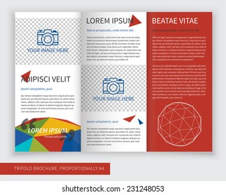 Template design of trifold brochure with polygons, polygonal sphere. Editable and bright vector with places for photos. Proportionally A4