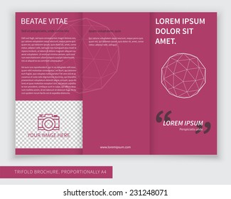 Template design of trifold brochure with polygons, polygonal sphere. Editable and bright vector with places for photos. Proportionally A4