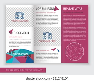 Template design of trifold brochure with polygons, polygonal sphere. Editable and bright vector with places for photos. Proportionally A4