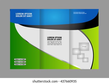 Template design of trifold brochure with polygons. Editable and light vector with places for photos. Proportionally A4
