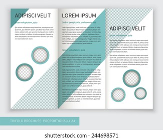 Template design of trifold brochure with stripes and lines. Editable and light vector with places for photos. Proportionally A4