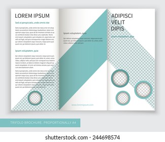 Template design of trifold brochure with stripes and lines. Editable and light vector with places for photos. Proportionally A4