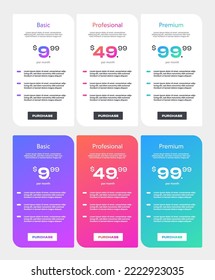 Template Design UX UI price list. Landing page website product package price and check box. Vector Illustrate.