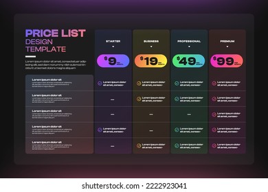 Lista de precios de la interfaz de usuario UX de Diseño de plantilla. Página de inicio de la página web de precios del paquete de productos y casilla de verificación. Ilustración vectorial.