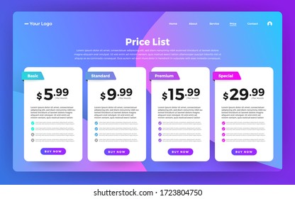 Template Design UX/UI price list. Landing page website product package price box and button buy now. Vector Illustrate.