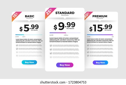 Template Design UX/UI price list. Landing page website product package price box and button buy now. Vector Illustrate.