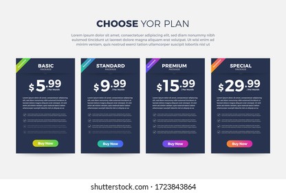 Template Design UX/UI price list. Landing page website product package price box and button buy now. Vector Illustrate.