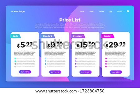 Template Design UX/UI price list. Landing page website product package price box and button buy now. Vector Illustrate.