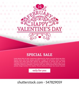 Template design Valentine banner. Happy valentine's  day brochure with decoration  pink tape for sale. Romantic poster with swirl love vintage logo and heart decoration for holiday offer. Vector.