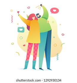 Template design for valentine's day with cute romantic character. Poster of love with modern flat couple and pattern heart shape. Girl and boy on valentine party make selfie. Promotion banner. Vector.