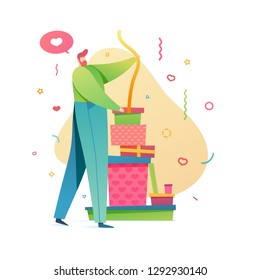 Template design for  valentine's day with cute romantic character. Poster of love with  moderrn flat people and pattern heart shape. Man wrapping gift box for valentine offer. Promotion banner. Vector