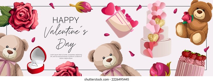 Template design. Vector illustration of horizontal flyer with Teddy bears, gifts, cakes isolated on white. Happy Valentine's day, flyer, card, poster, sale banner, web, promotion concept.