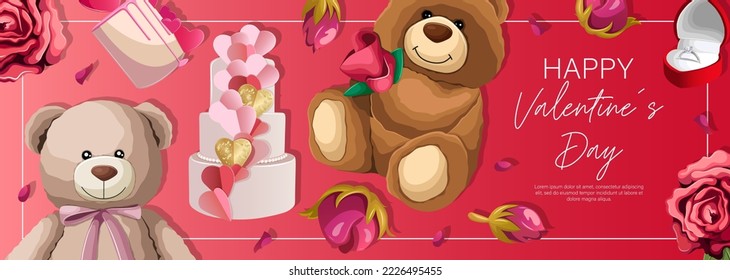 Template design. Vector illustration of horizontal flyer with Teddy bears, gifts, cakes isolated on red. Happy Valentine's day, flyer, card, poster, sale banner, web, promotion concept.