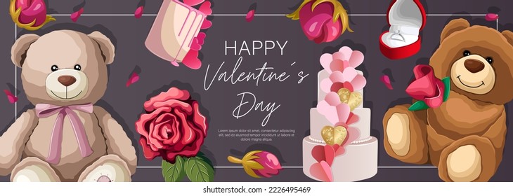 Template design. Vector illustration of horizontal flyer with Teddy bears, gifts, cakes isolated on dark. Happy Valentine's day, flyer, card, poster, sale banner, web, promotion concept.