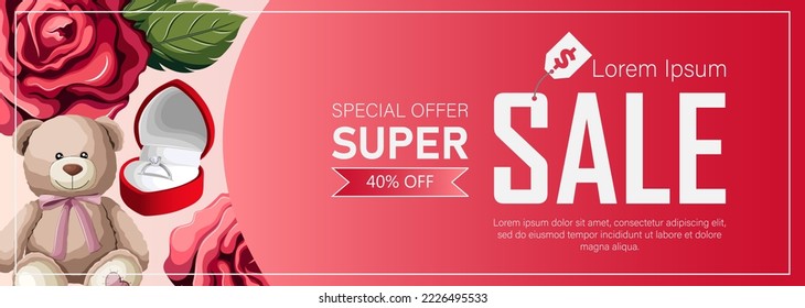 Template design. Vector illustration of horizontal sale banner with Teddy bear, gifts, roses isolated on red. Happy Valentine's day, flyer, card, poster, web, promotion concept.