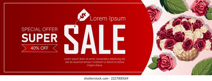 Template design. Vector illustration of horizontal Sale banner with roses, rose basket, leaves isolated on red. Happy Valentine's day, flyer, card, poster, web, promotion concept.