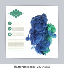Template design with vector ink swirling in water. Isolated cloud of blue, green, violet paint on white. Texture of ink, paint