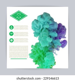 Template design with vector ink swirling in water. Isolated cloud of green, blue and violet ink on white. Splashes,texture of paint. 