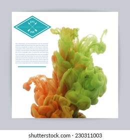 Template design with vector isolated cloud of yellow and light green ink swirling in water on white background. Texture of splashes of paint, ink. 
