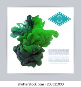 Template design with vector isolated cloud of green and blue ink swirling in water on white background. Texture of splashes of paint, ink. 