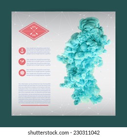 Template design with vector isolated cloud of light blue ink swirling in water on white background. Texture of splashes of paint, ink. 
