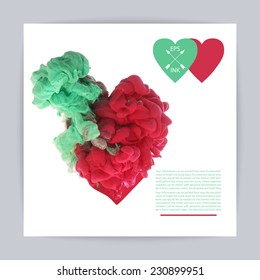 Template design with vector isolated cloud of red and green ink in the form of heart on white. Splashes of paint. Texture of ink, paint in water