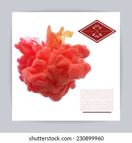 Template design with vector isolated cloud of orange ink on white. Splashes of paint. Texture of ink, paint in water