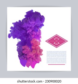 Template design with vector isolated cloud of rose and violet ink on white. Splashes of paint. Texture of ink, paint in water