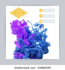 Template design  with vector isolated cloud of violet and blue ink swirling in water on white background. Texture of splashes of paint, ink. Template design. 