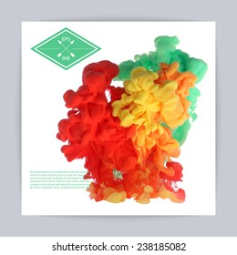 Template Design With Vector Isolated Cloud Of Green Red Yellow Ink On White. Splashes Of Paint. Texture Of Ink, Paint In Water