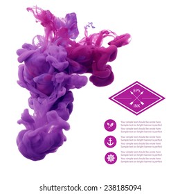 Template design with vector isolated cloud of purple and violet ink on white. Splashes of paint. Texture of ink, paint in water