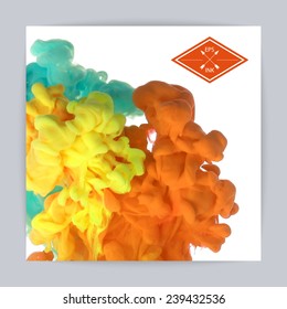 Template design with vector isolated cloud of  yellow, green, orange ink on white. Splashes of paint. Texture of ink, paint in water